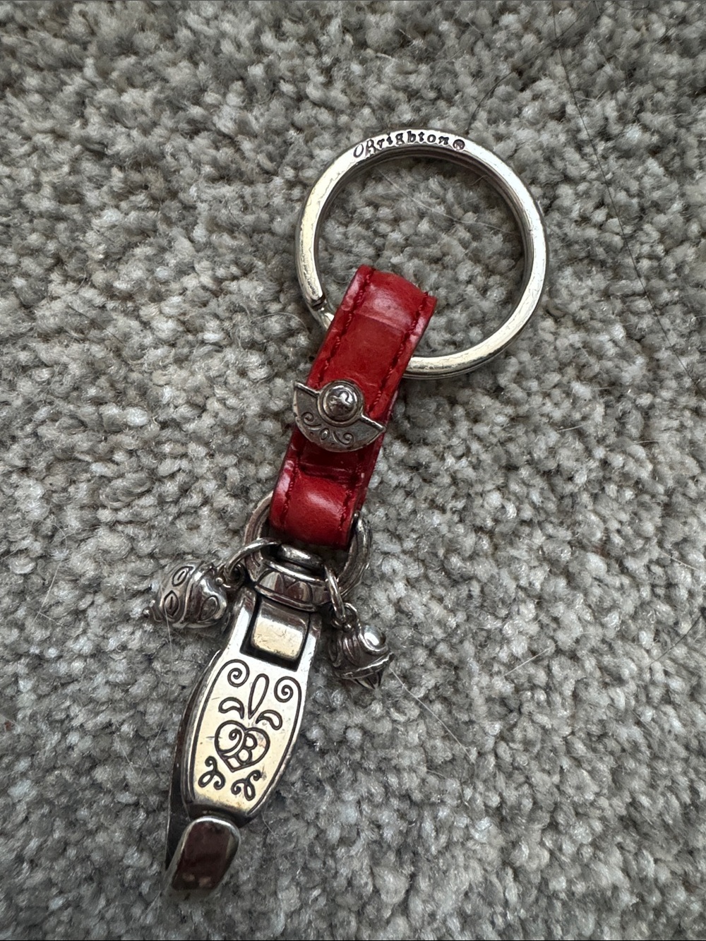 Brighton Red Leather Silver-Tone Floral Charm Keychain